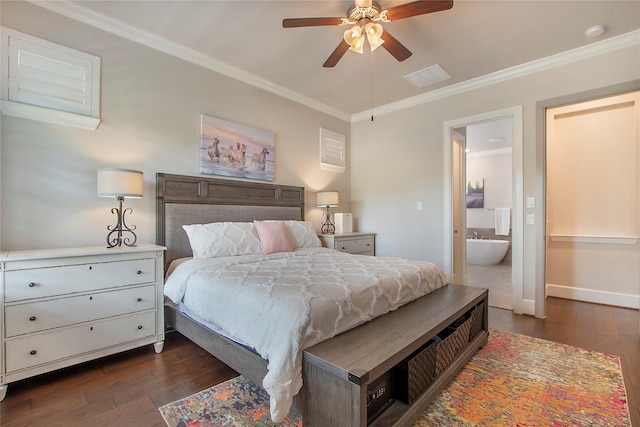 2700 Tremont Blvd, Mckinney, TX 75071 - bedroom featuring crown molding, dark wood-style floors, baseboards, ensuite bathroom, and a ceiling fan