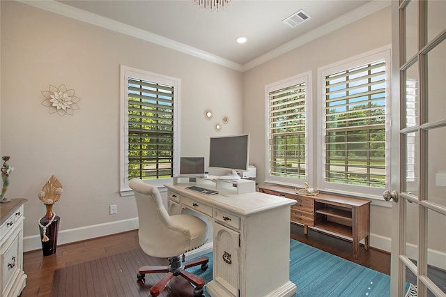 2700 Tremont Blvd, Mckinney, TX 75071 - home office with dark wood-style floors, ornamental molding, and baseboards
