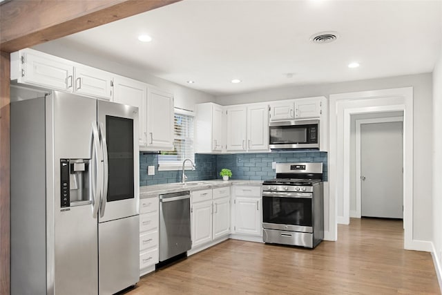kitchen with stainless steel appliances, decorative backsplash, a sink, white cabinets, and recessed lighting