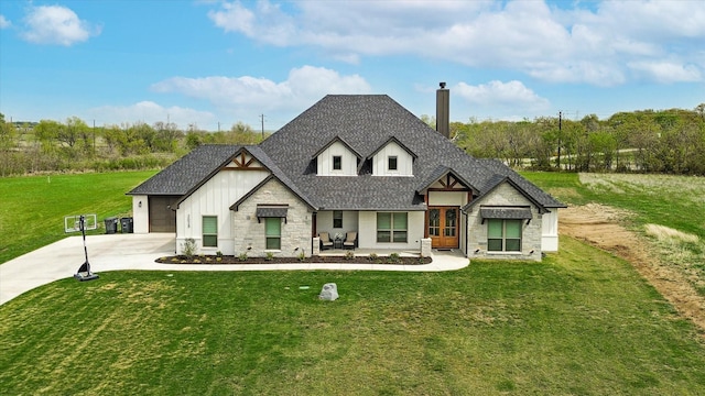 2028 Carrie Ct, Weatherford, TX 76088 - view of front of house featuring stone siding, a chimney, concrete driveway, a front yard, and a shingled roof
