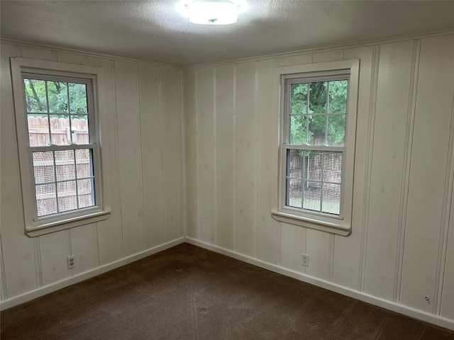 120 One Feather, Whitney, TX 76692 - empty room with dark colored carpet, healthy amount of natural light, a decorative wall, a textured ceiling, and baseboards