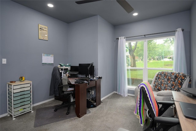 carpeted office with baseboards, a ceiling fan, and recessed lighting