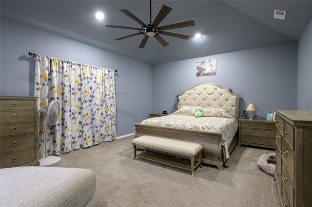 bedroom with light colored carpet, a ceiling fan, vaulted ceiling, recessed lighting, and baseboards