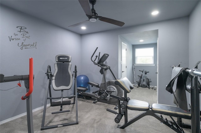 exercise room with ceiling fan, carpet flooring, recessed lighting, and baseboards