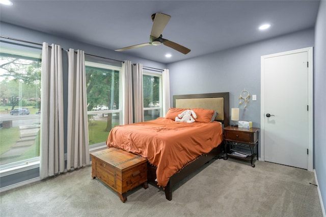 bedroom with carpet flooring, recessed lighting, and a ceiling fan