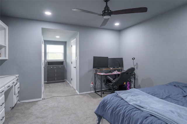 bedroom with light carpet, recessed lighting, baseboards, and a ceiling fan