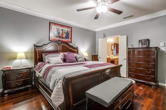111 Evening Star Cir, Red Oak, TX 75154 - bedroom with crown molding, dark wood-style flooring, baseboards, ceiling fan, and connected bathroom