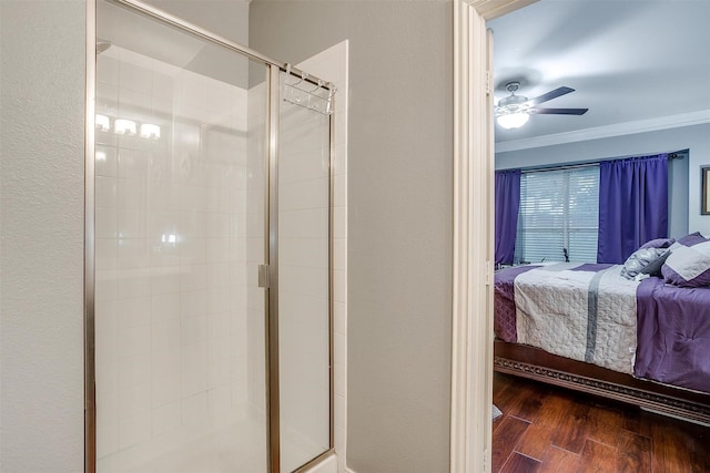 111 Evening Star Cir, Red Oak, TX 75154 - ensuite bathroom featuring a shower stall, ornamental molding, wood finished floors, and ceiling fan