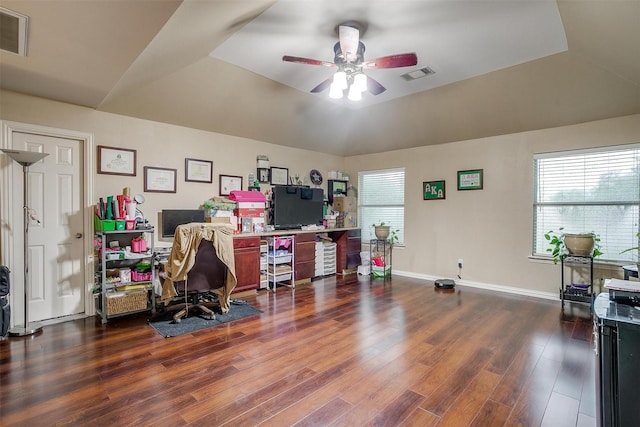 111 Evening Star Cir, Red Oak, TX 75154 - office with a ceiling fan, lofted ceiling, wood finished floors, and baseboards