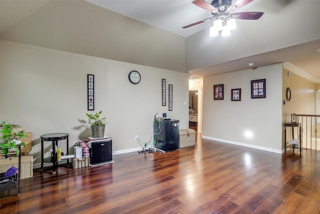 111 Evening Star Cir, Red Oak, TX 75154 - living area with a ceiling fan, wood finished floors, baseboards, and high vaulted ceiling