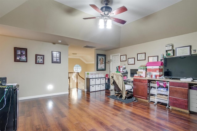 111 Evening Star Cir, Red Oak, TX 75154 - office space with a ceiling fan, vaulted ceiling, dark wood-style flooring, and baseboards