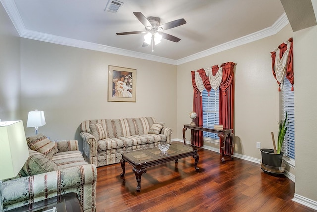 111 Evening Star Cir, Red Oak, TX 75154 - living area with ornamental molding, ceiling fan, wood finished floors, and baseboards