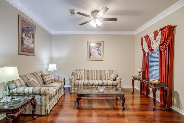 111 Evening Star Cir, Red Oak, TX 75154 - living room featuring a ceiling fan, crown molding, baseboards, and wood finished floors