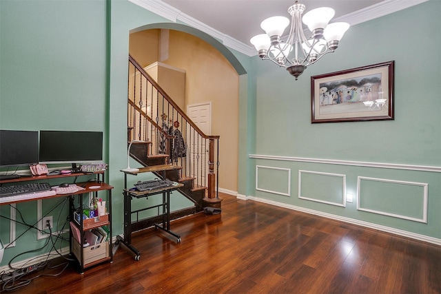 111 Evening Star Cir, Red Oak, TX 75154 - office area featuring arched walkways, crown molding, wood finished floors, a chandelier, and wainscoting