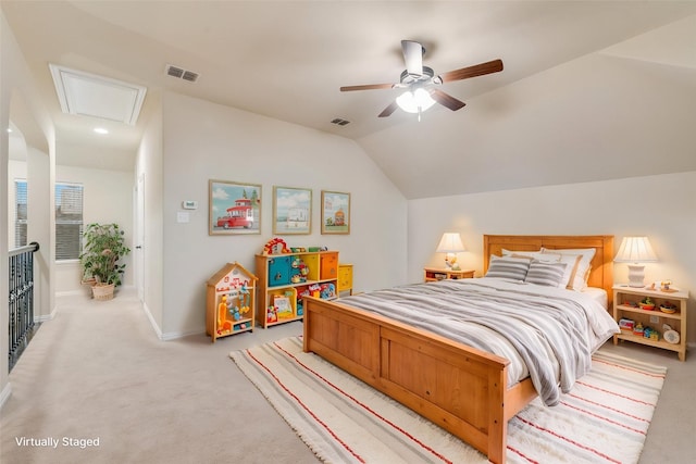 2015 Diamondback, Forney, TX 75126 - bedroom featuring light carpet, attic access, baseboards, lofted ceiling, and a ceiling fan