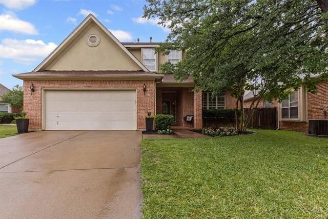 view of front of house with stucco siding, concrete driveway, brick siding, central air condition unit, and a garage