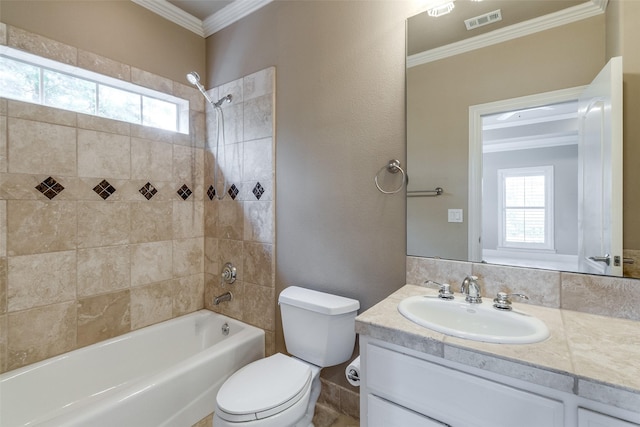 2813 Welborn St, Dallas, TX 75219 - full bath featuring ornamental molding, healthy amount of natural light, toilet, shower / bathtub combination, and vanity