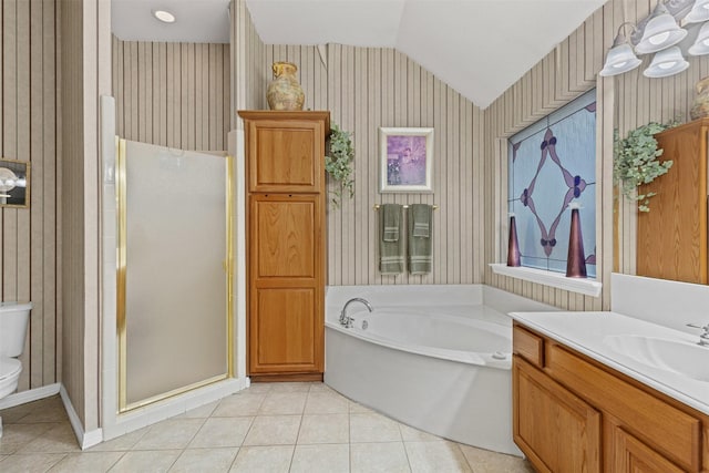 4119 Timbersedge Trl, Arlington, TX 76015 - full bathroom with wallpapered walls, tile patterned floors, lofted ceiling, toilet, and a shower stall