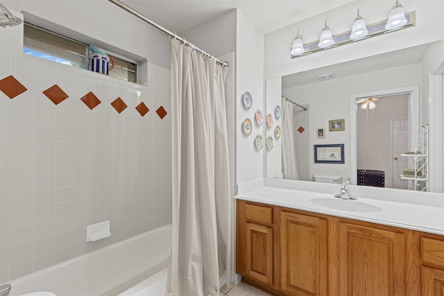 4119 Timbersedge Trl, Arlington, TX 76015 - bathroom with vanity, shower / bath combination with curtain, tile patterned floors, and a ceiling fan