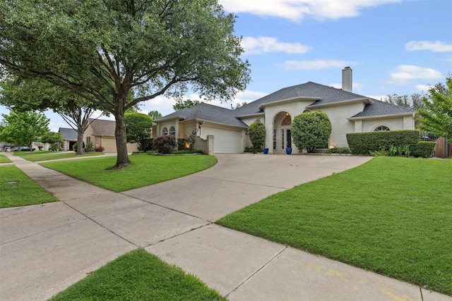 4119 Timbersedge Trl, Arlington, TX 76015 - ranch-style home featuring an attached garage, concrete driveway, a front lawn, a chimney, and a shingled roof