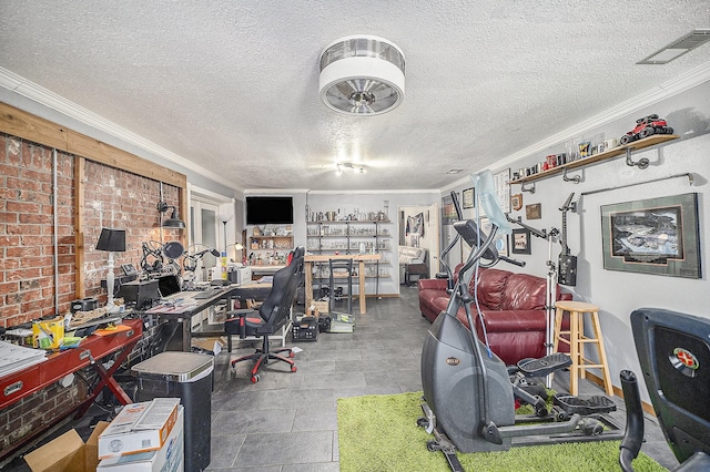 7508 Lake Highlands Dr, Fort Worth, TX 76179 - office area with ornamental molding, a textured ceiling, and a workshop area