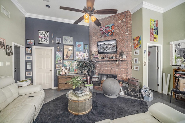7508 Lake Highlands Dr, Fort Worth, TX 76179 - living area featuring ceiling fan, a fireplace, ornamental molding, a high ceiling, and baseboards