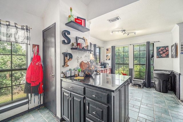 7508 Lake Highlands Dr, Fort Worth, TX 76179 - kitchen featuring open shelves, dark cabinets, a peninsula, ornamental molding, and baseboards