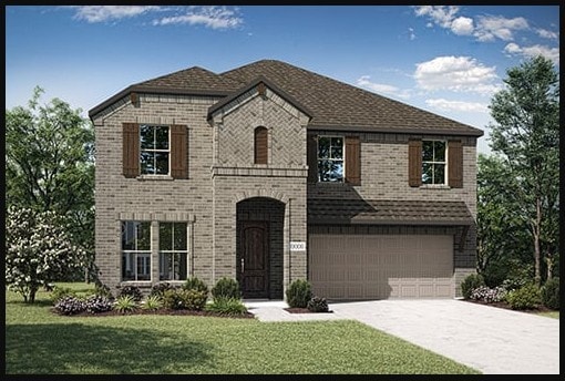 view of front of home with an attached garage, brick siding, driveway, and a front lawn