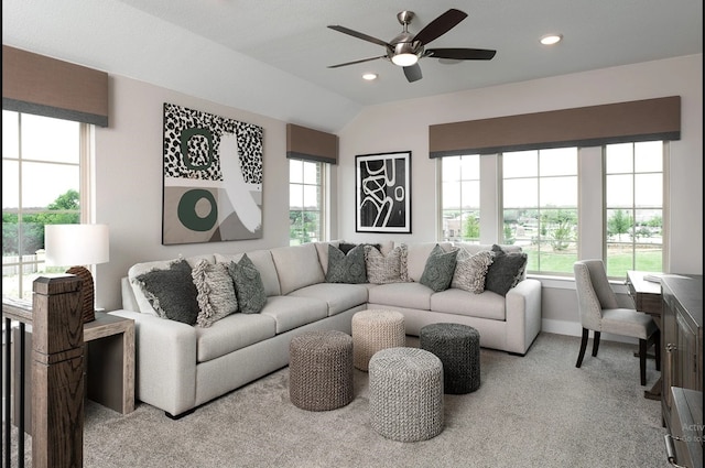 carpeted living room with a ceiling fan, vaulted ceiling, recessed lighting, baseboards, and an office area