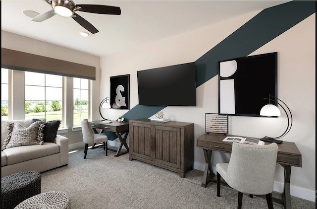 office area featuring baseboards, light colored carpet, ceiling fan, and recessed lighting