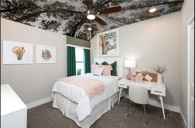 bedroom featuring baseboards, carpet flooring, and a ceiling fan