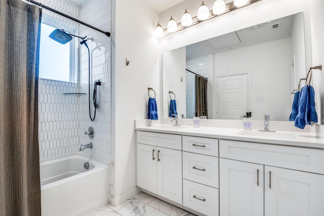 4354 Hebron St, Irving, TX 75061 - full bath with marble finish flooring, shower / bathtub combination with curtain, double vanity, and baseboards