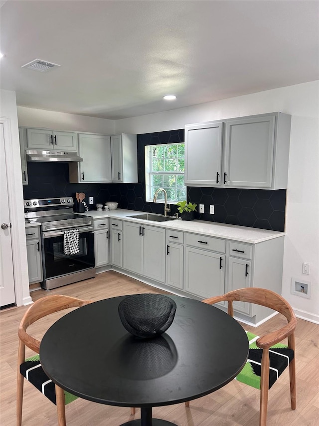 1034 Shawnee Trce, Grand Prairie, TX 75051 - kitchen with stainless steel range with electric stovetop, under cabinet range hood, light countertops, and tasteful backsplash