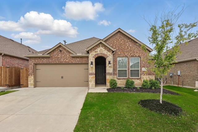 3409 Brady Starr Dr, Aubrey, TX 76227 - ranch-style home featuring brick siding, an attached garage, driveway, a shingled roof, and stone siding
