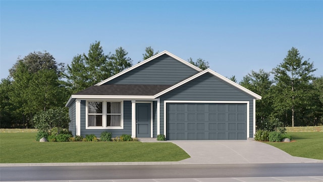 ranch-style house with a garage, a front lawn, driveway, and roof with shingles