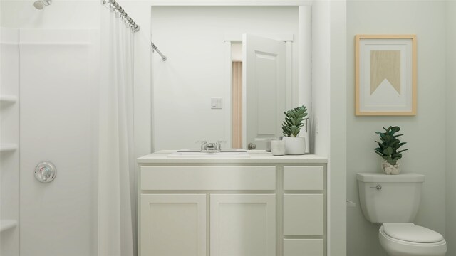 bathroom with a shower with curtain, vanity, and toilet