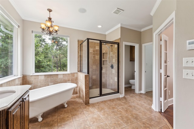22924 County Road 223, Arp, TX 75750 - bathroom with a shower stall, a chandelier, toilet, tile patterned floors, and crown molding
