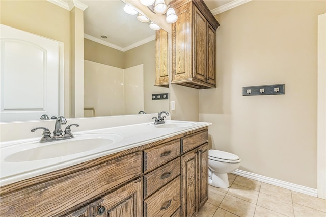 22924 County Road 223, Arp, TX 75750 - full bathroom featuring ornamental molding, toilet, baseboards, tile patterned flooring, and double vanity