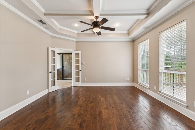 22924 County Road 223, Arp, TX 75750 - spare room with coffered ceiling, crown molding, a ceiling fan, hardwood / wood-style flooring, and french doors