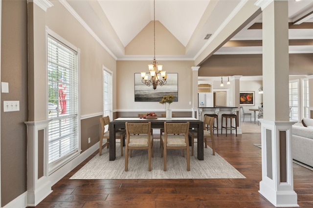 22924 County Road 223, Arp, TX 75750 - dining area featuring a chandelier, hardwood / wood-style floors, healthy amount of natural light, lofted ceiling, and ornamental molding