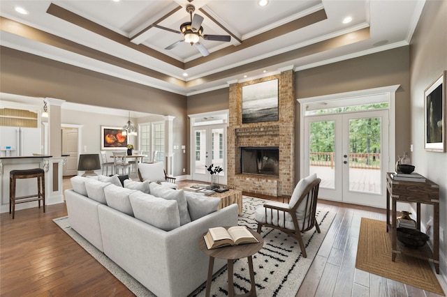 22924 County Road 223, Arp, TX 75750 - living area with french doors, crown molding, a ceiling fan, hardwood / wood-style floors, and recessed lighting