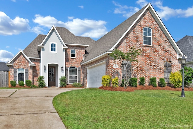 view of front of property featuring brick siding, roof with shingles, a front lawn, driveway, and an attached garage
