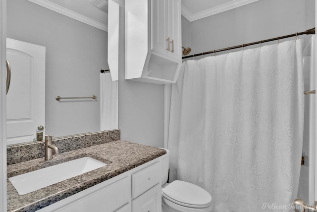 full bath with crown molding, toilet, and vanity