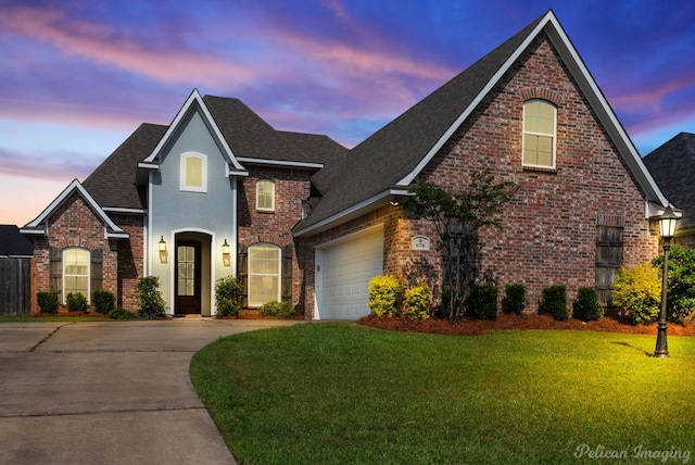 traditional-style home with roof with shingles, a yard, concrete driveway, brick siding, and an attached garage