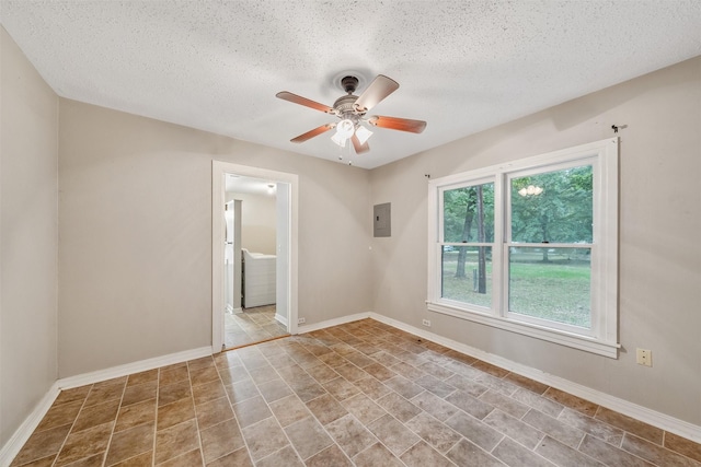 1621 Baseball Loop, Diana, TX 75640 - spare room featuring a textured ceiling, ceiling fan, electric panel, and baseboards