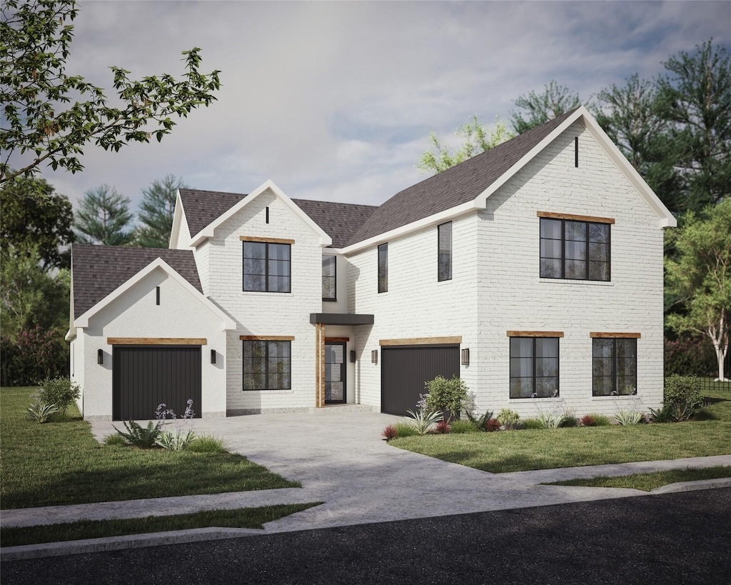 modern farmhouse with driveway, roof with shingles, a front yard, and a garage
