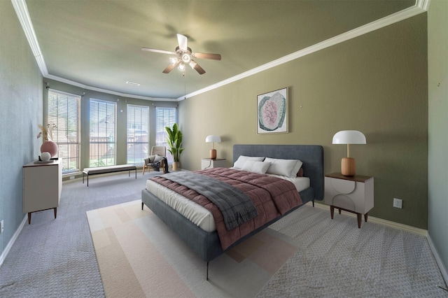 1364 Aubrey Ln, Frisco, TX 75033 - carpeted bedroom with crown molding, baseboards, and a ceiling fan