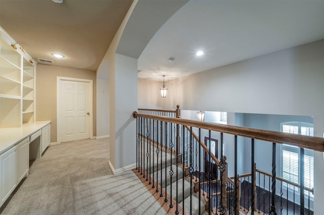 1364 Aubrey Ln, Frisco, TX 75033 - corridor with an upstairs landing, light colored carpet, baseboards, and recessed lighting