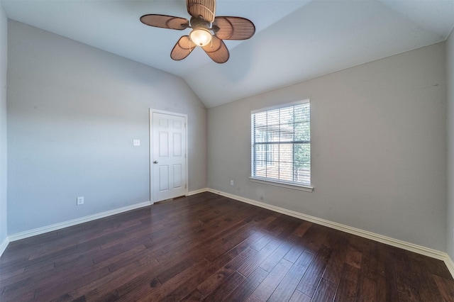 1364 Aubrey Ln, Frisco, TX 75033 - spare room featuring lofted ceiling, ceiling fan, baseboards, and dark wood-style floors