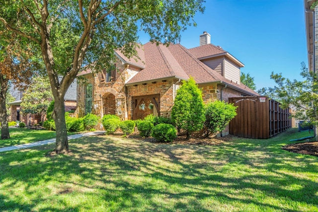 1364 Aubrey Ln, Frisco, TX 75033 - view of front facade featuring brick siding, a front lawn, a chimney, and a shingled roof